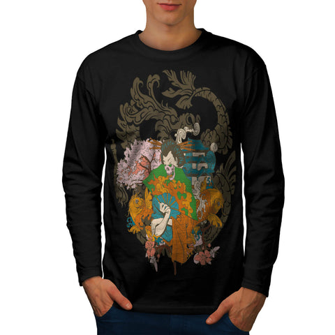 Horror Geisha Skull Mens Long Sleeve T-Shirt
