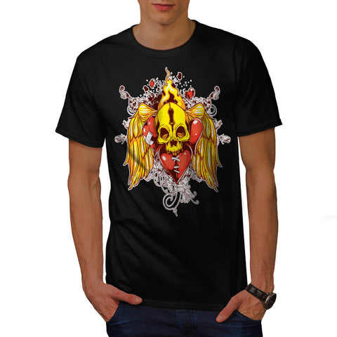 Flaming Heart Skull Mens T-Shirt