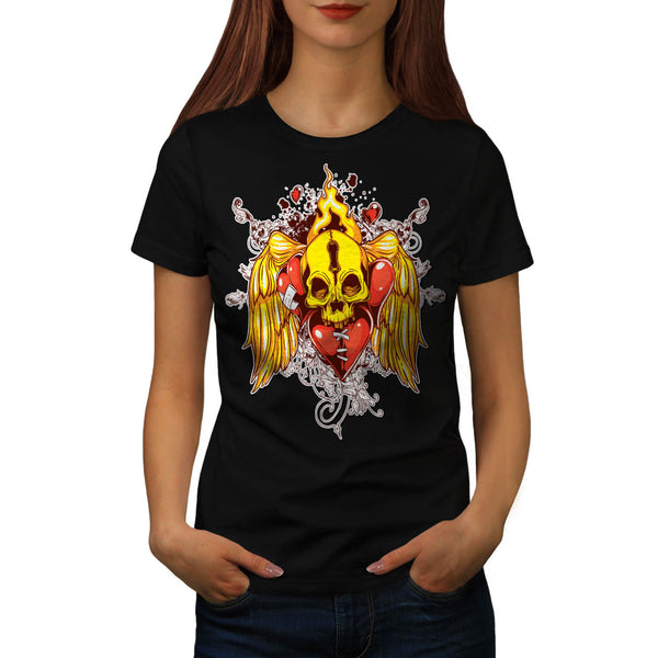 Flaming Heart Skull Womens T-Shirt