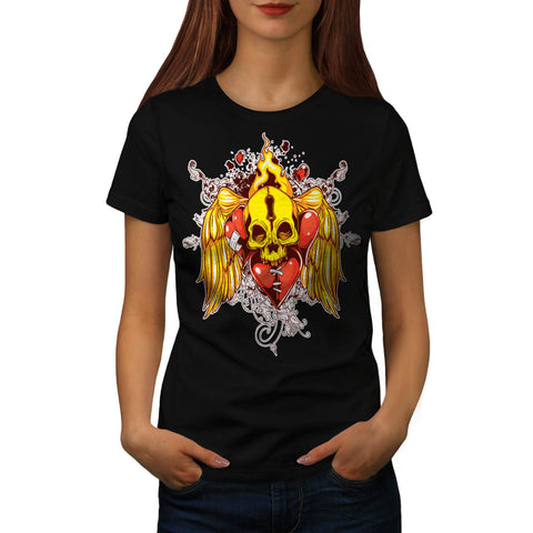 Flaming Heart Skull Womens T-Shirt
