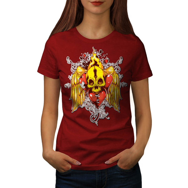 Flaming Heart Skull Womens T-Shirt