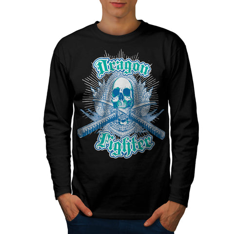 Dragon Fighter Skull Mens Long Sleeve T-Shirt