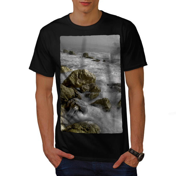 Foggy Rocky Shore Mens T-Shirt