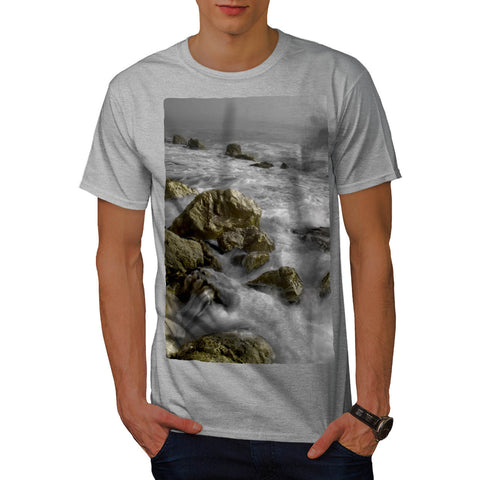 Foggy Rocky Shore Mens T-Shirt