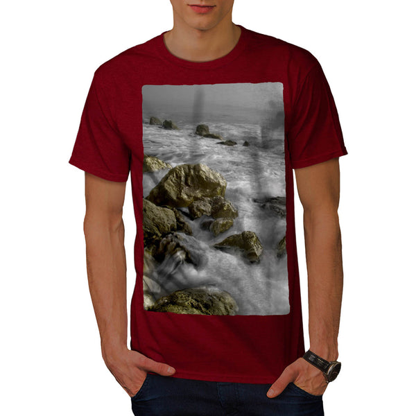 Foggy Rocky Shore Mens T-Shirt