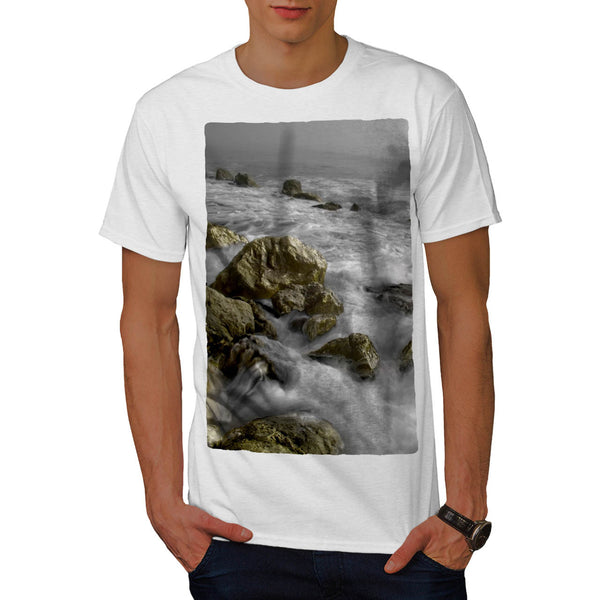 Foggy Rocky Shore Mens T-Shirt