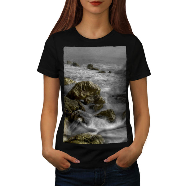 Foggy Rocky Shore Womens T-Shirt
