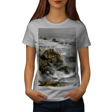 Foggy Rocky Shore Womens T-Shirt