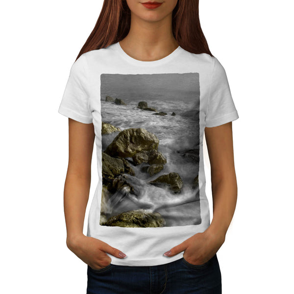 Foggy Rocky Shore Womens T-Shirt