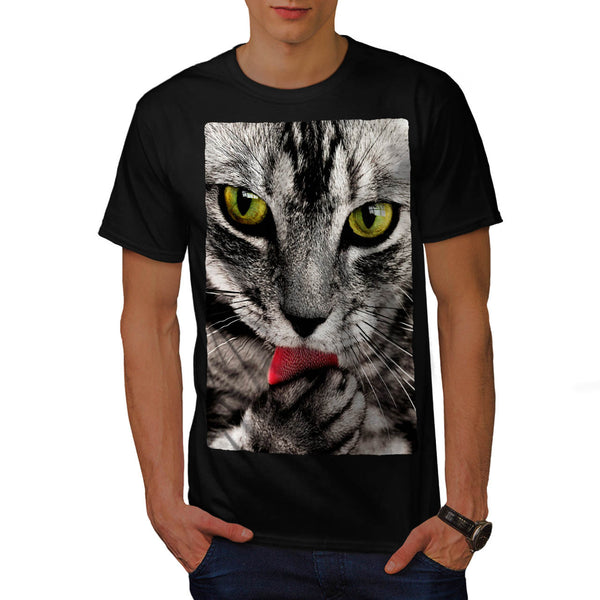 Grey Cat Licking Paw Mens T-Shirt