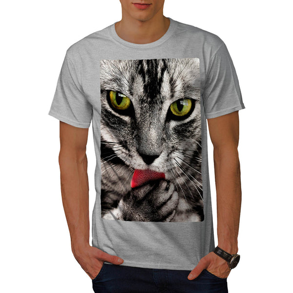 Grey Cat Licking Paw Mens T-Shirt