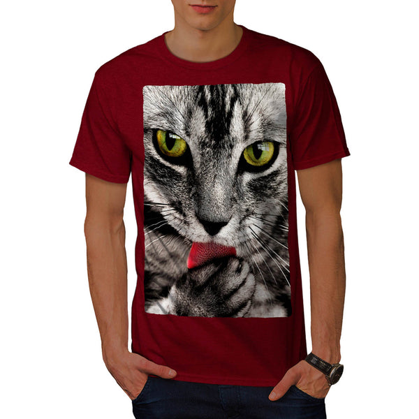 Grey Cat Licking Paw Mens T-Shirt