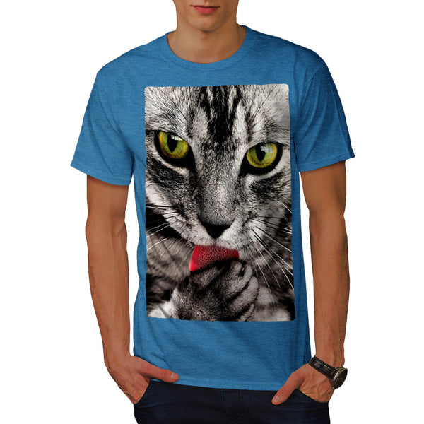 Grey Cat Licking Paw Mens T-Shirt