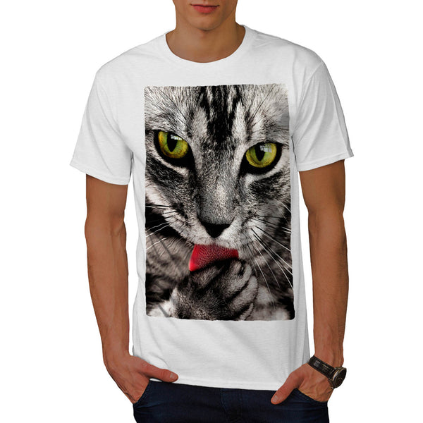 Grey Cat Licking Paw Mens T-Shirt