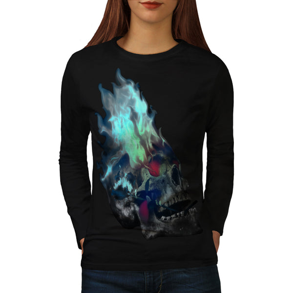 Skull Rose Flame Art Womens Long Sleeve T-Shirt