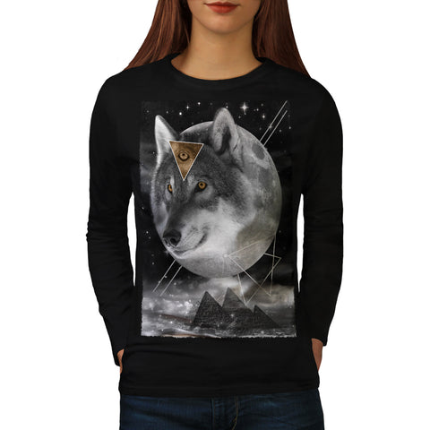 Wolf Face On Moon Womens Long Sleeve T-Shirt