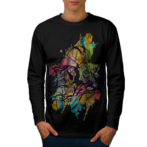 Skeleton Music Head Mens Long Sleeve T-Shirt