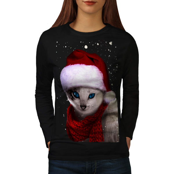 Xmas Cute Kitten Cat Womens Long Sleeve T-Shirt