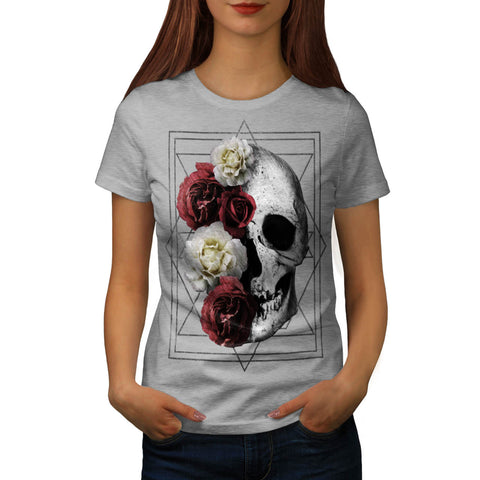 Skull Rose Flowers Womens T-Shirt