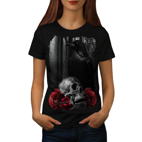 Skull Rose Raven Art Womens T-Shirt