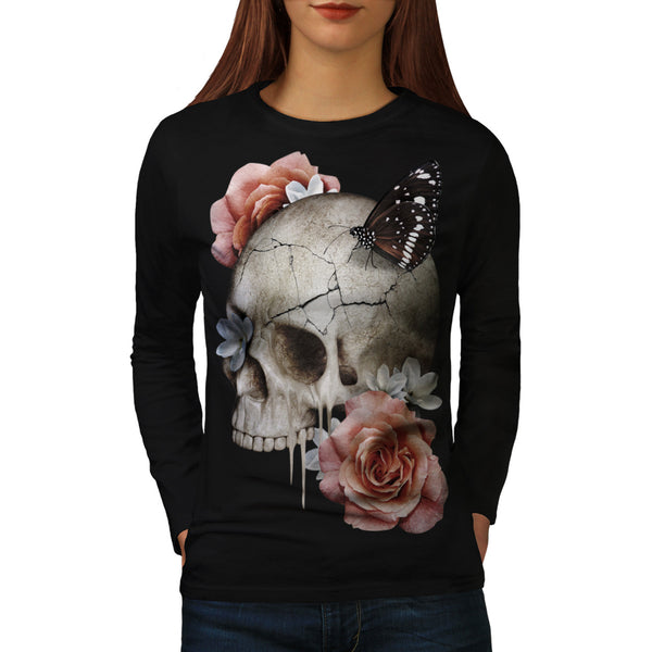 Skull Rose Flowers Womens Long Sleeve T-Shirt
