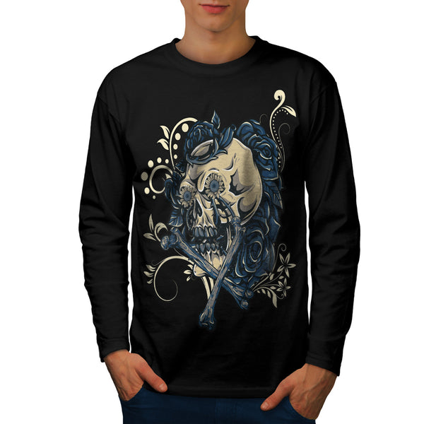 Skull Rose Flowers Mens Long Sleeve T-Shirt