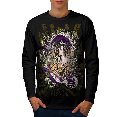 Japan Geisha Dragon Mens Long Sleeve T-Shirt
