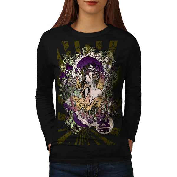 Japan Geisha Dragon Womens Long Sleeve T-Shirt