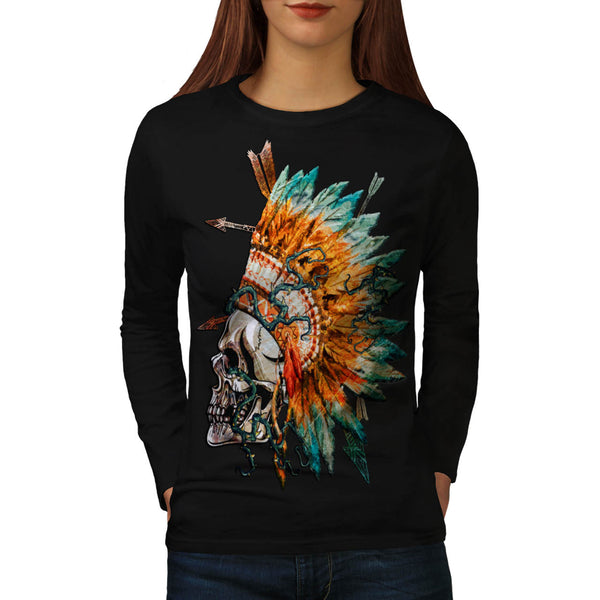 Skull Indian Rose Art Womens Long Sleeve T-Shirt
