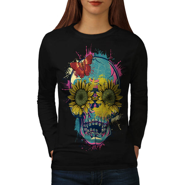 Skull Flower Rose Art Womens Long Sleeve T-Shirt